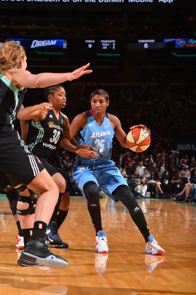 NEW YORK, NY - MAY 24: Angel McCoughtry #35 of the Atlanta Dream handles the ball against the New York Liberty on May 24, 2016 at Madison Square Garden in New York City, New York. NOTE TO USER: User expressly acknowledges and agrees that, by downloading and or using this photograph, User is consenting to the terms and conditions of the Getty Images License Agreement. Mandatory Copyright Notice: Copyright 2016 NBAE (Photo by Jesse D. Garrabrant/NBAE via Getty Images)