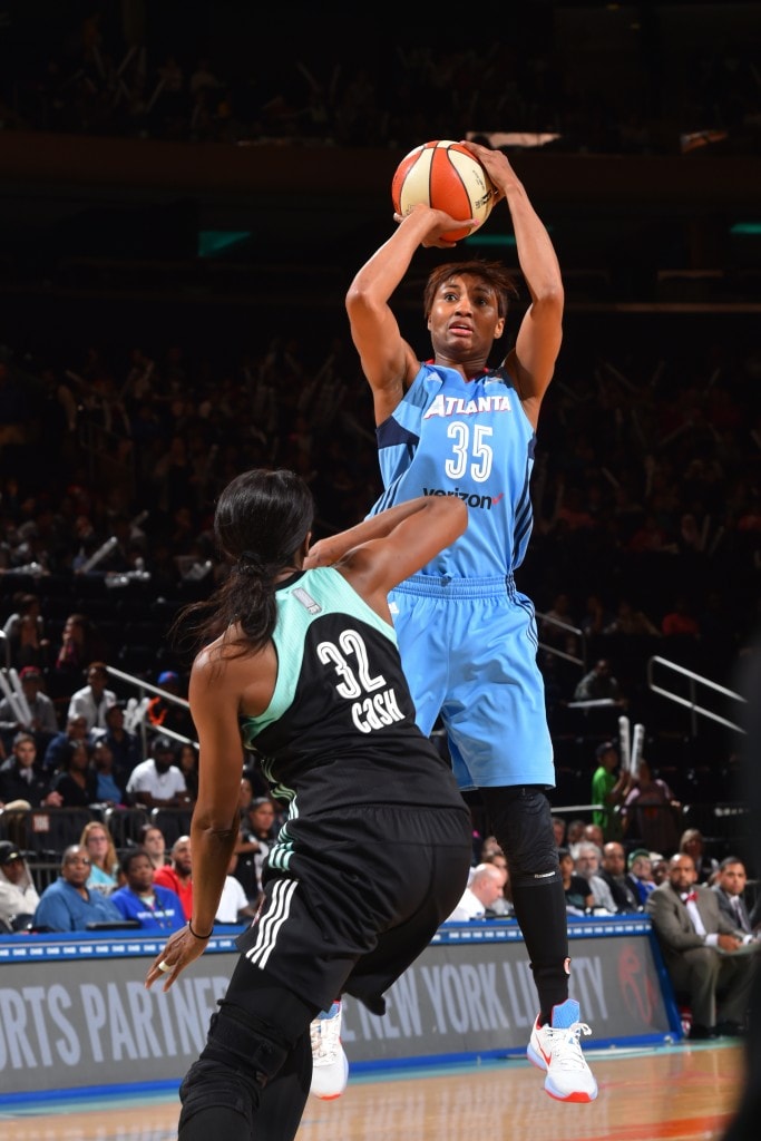NEW YORK, NY - MAY 24: Angel McCoughtry #35 of the Atlanta Dream shoots the ball against the New York Liberty on May 24, 2016 at Madison Square Garden in New York City, New York. NOTE TO USER: User expressly acknowledges and agrees that, by downloading and or using this photograph, User is consenting to the terms and conditions of the Getty Images License Agreement. Mandatory Copyright Notice: Copyright 2016 NBAE (Photo by Jesse D. Garrabrant/NBAE via Getty Images)