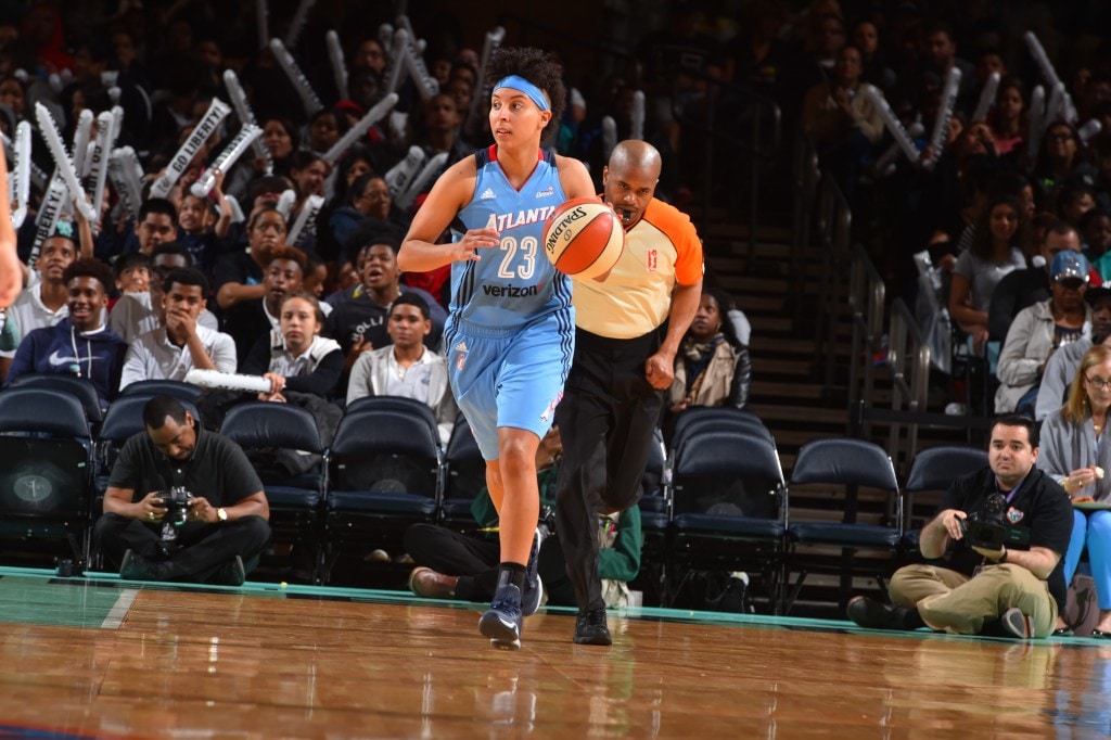 NEW YORK, NY - MAY 24: Layshia Clarendon #23 of the Atlanta Dream handles the ball against the New York Liberty on May 24, 2016 at Madison Square Garden in New York City, New York. NOTE TO USER: User expressly acknowledges and agrees that, by downloading and or using this photograph, User is consenting to the terms and conditions of the Getty Images License Agreement. Mandatory Copyright Notice: Copyright 2016 NBAE (Photo by Jesse D. Garrabrant/NBAE via Getty Images)