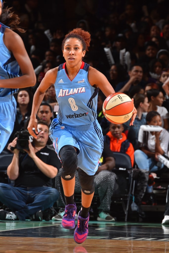 NEW YORK, NY - MAY 24: Carla Cortijo #8 of the Atlanta Dream handles the ball against the New York Liberty on May 24, 2016 at Madison Square Garden in New York City, New York. NOTE TO USER: User expressly acknowledges and agrees that, by downloading and or using this photograph, User is consenting to the terms and conditions of the Getty Images License Agreement. Mandatory Copyright Notice: Copyright 2016 NBAE (Photo by Jesse D. Garrabrant/NBAE via Getty Images)