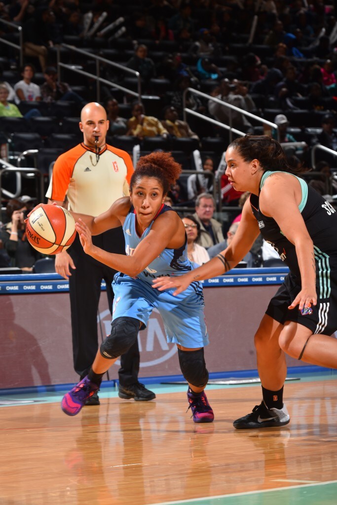 NEW YORK, NY - MAY 24: Carla Cortijo #8 of the Atlanta Dream drives to the basket against the New York Liberty on May 24, 2016 at Madison Square Garden in New York City, New York. NOTE TO USER: User expressly acknowledges and agrees that, by downloading and or using this photograph, User is consenting to the terms and conditions of the Getty Images License Agreement. Mandatory Copyright Notice: Copyright 2016 NBAE (Photo by Jesse D. Garrabrant/NBAE via Getty Images)