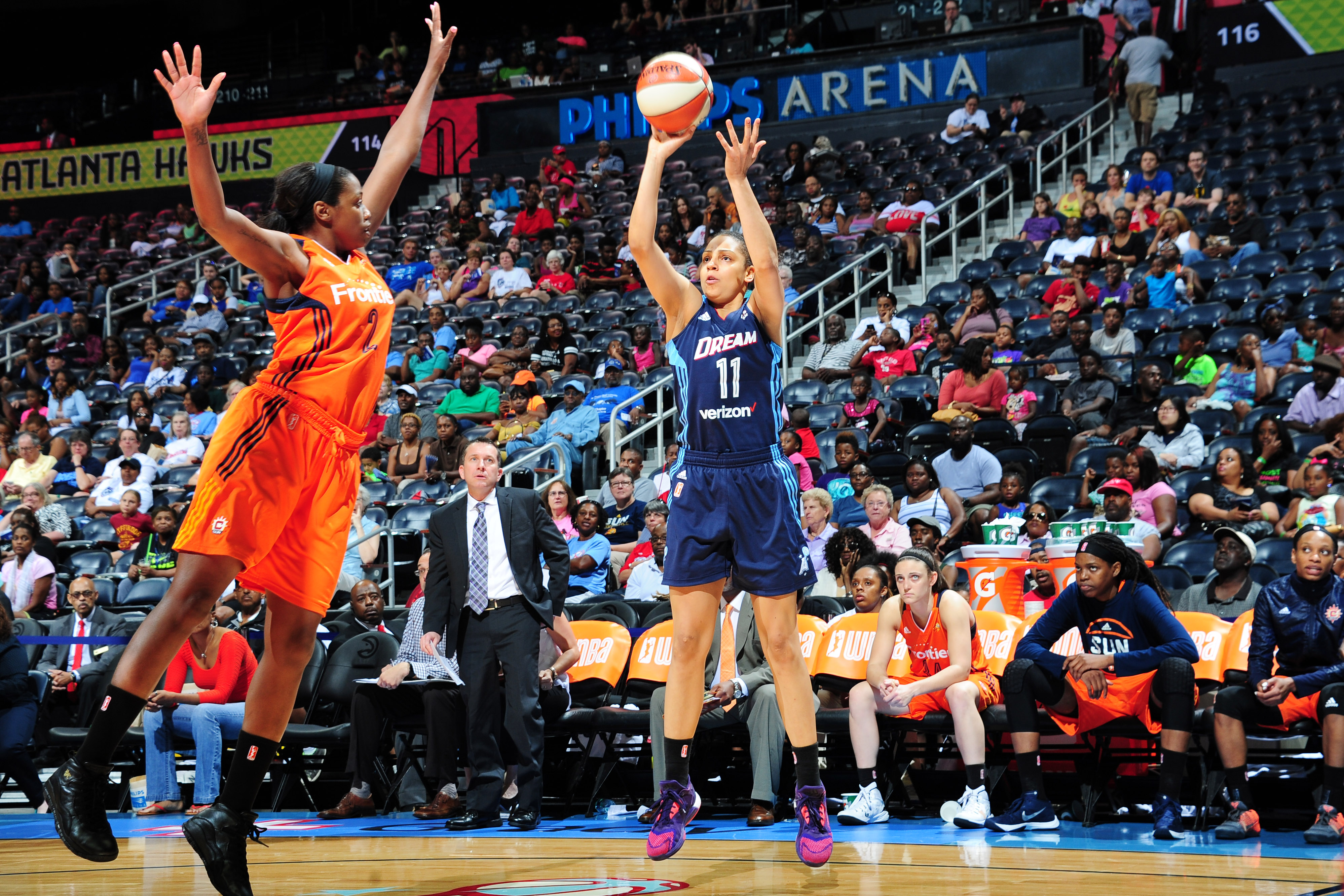 ATLANTA, GA - JUNE 12: Cierra Burdick #11 of the Atlanta Dream shoots against the Connecticut Sun during the game on June 12, 2016 at Philips Arena in Atlanta, Georgia. NOTE TO USER: User expressly acknowledges and agrees that, by downloading and or using this Photograph, user is consenting to the terms and conditions of the Getty Images License Agreement. Mandatory Copyright Notice: Copyright 2016 NBAE (Photo by Scott Cunningham/NBAE via Getty Images)