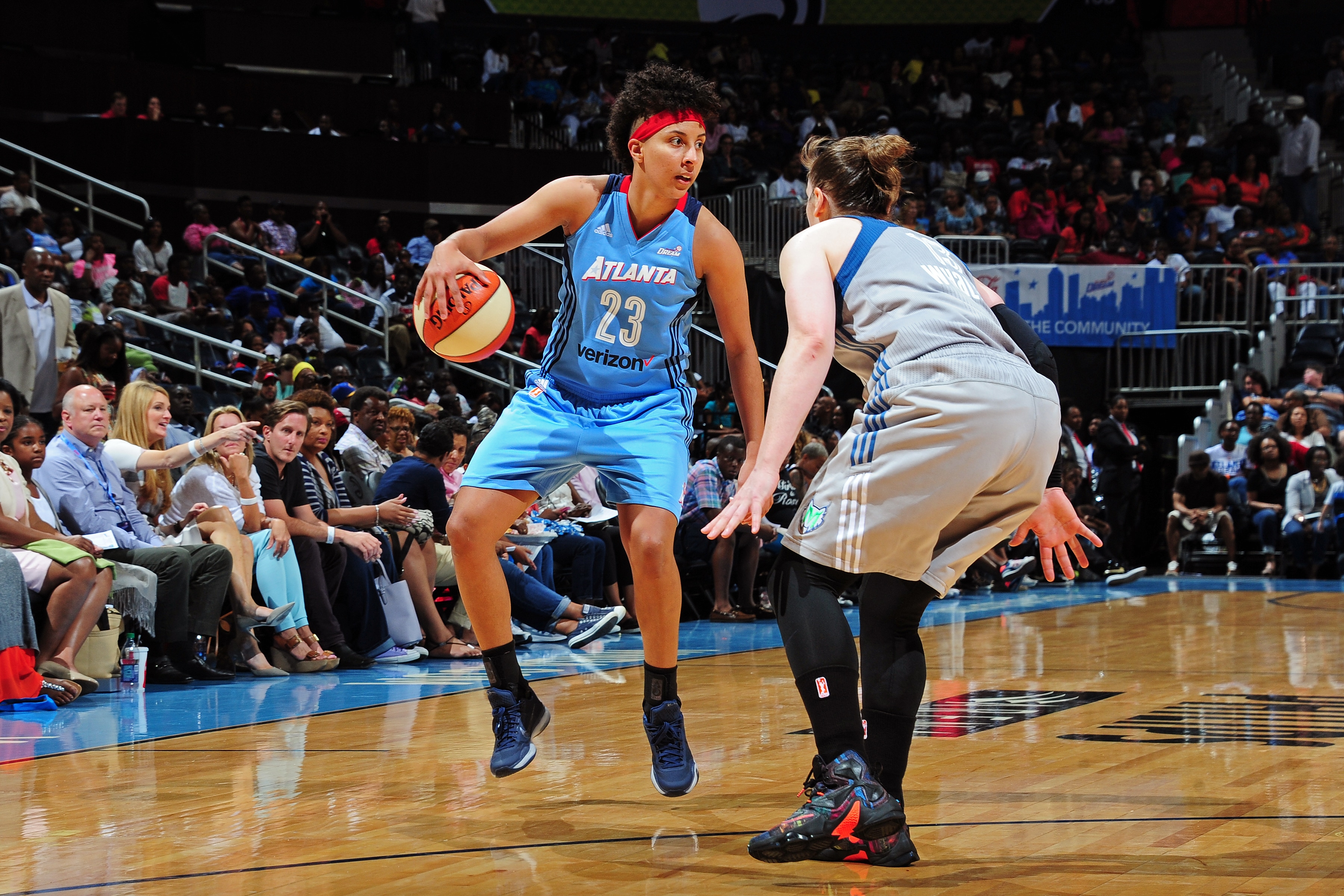 ATLANTA, GA - JUNE 10: Layshia Clarendon #23 of the Atlanta Dream handles the ball during the game against the Minnesota Lynx during a WNBA game on June 10, 2016 at Philips Arena in Atlanta, Georgia. NOTE TO USER: User expressly acknowledges and agrees that, by downloading and/or using this Photograph, user is consenting to the terms and conditions of the Getty Images License Agreement. Mandatory Copyright Notice: Copyright 2016 NBAE (Photo by Scott Cunningham/NBAE via Getty Images)