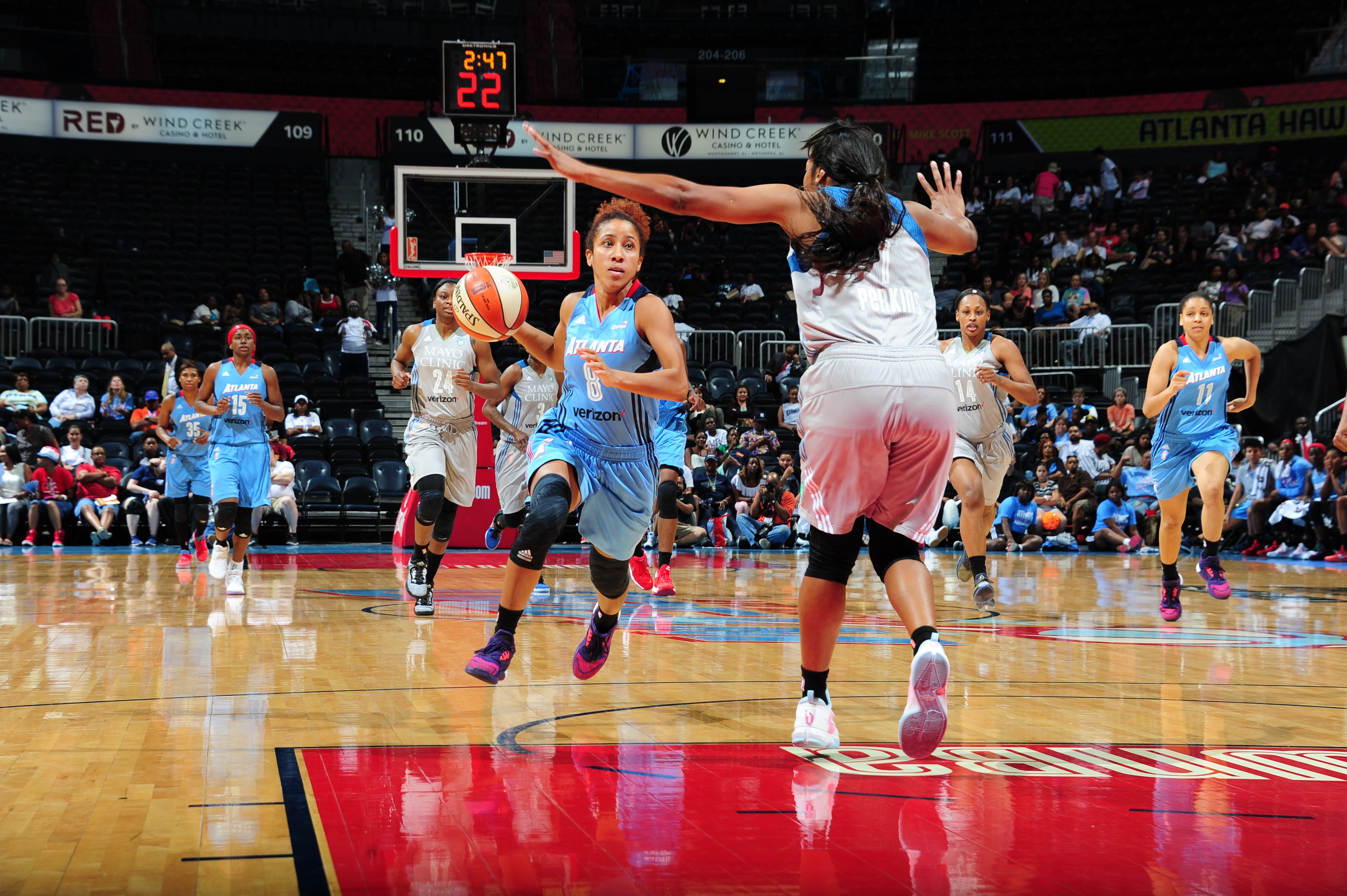 ATLANTA, GA - JUNE 10: Carla Cortijo #8 of the Atlanta Dream handles the ball against the Minnesota Lynx on June 10, 2016 at Philips Arena in Atlanta, Georgia. NOTE TO USER: User expressly acknowledges and agrees that, by downloading and/or using this Photograph, user is consenting to the terms and conditions of the Getty Images License Agreement. Mandatory Copyright Notice: Copyright 2016 NBAE (Photo by Scott Cunningham/NBAE via Getty Images)