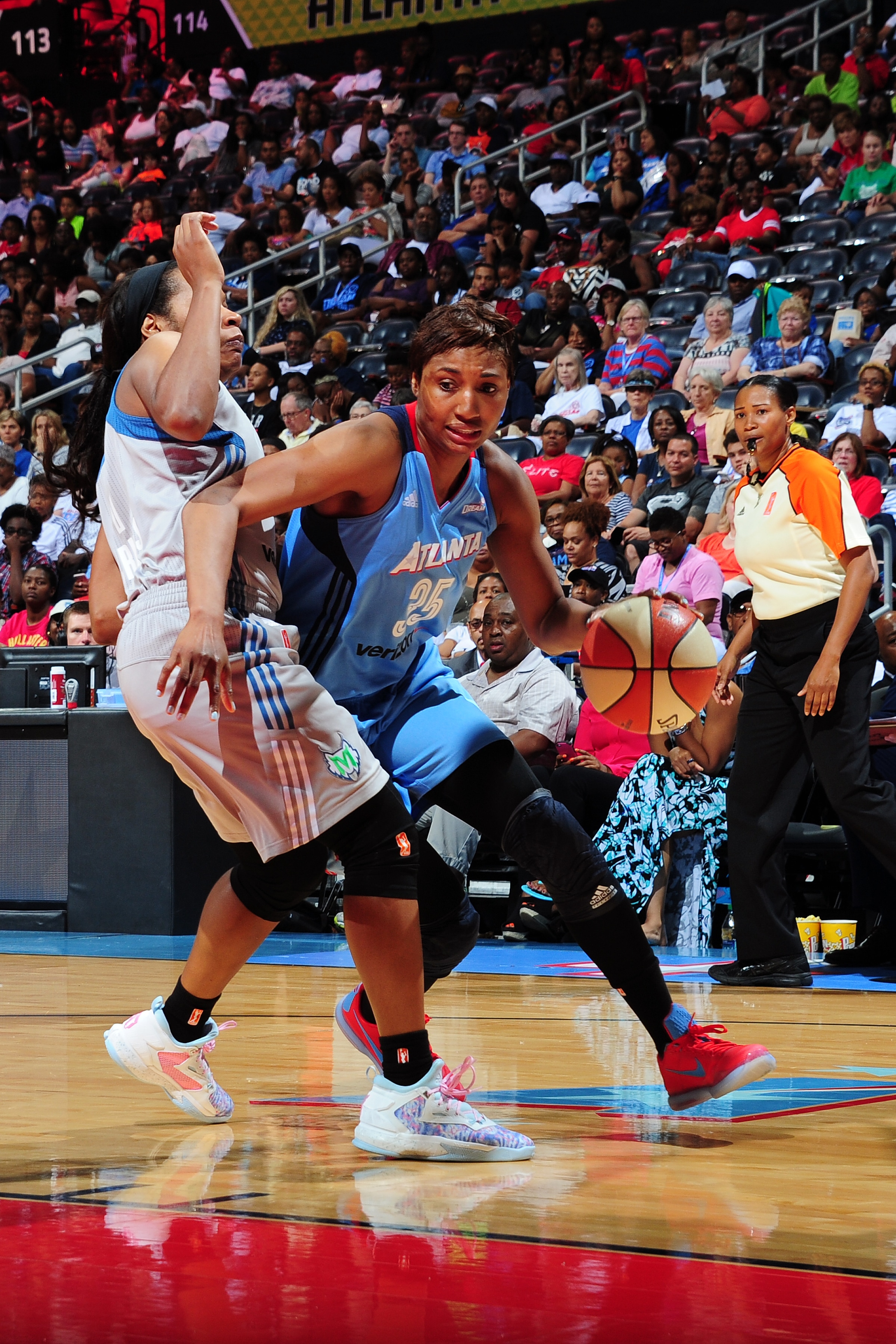 ATLANTA, GA - JUNE 10: Angel McCoughtry #35 of the Atlanta Dream drives to the basket during the game against the Minnesota Lynx during a WNBA game on June 10, 2016 at Philips Arena in Atlanta, Georgia. NOTE TO USER: User expressly acknowledges and agrees that, by downloading and/or using this Photograph, user is consenting to the terms and conditions of the Getty Images License Agreement. Mandatory Copyright Notice: Copyright 2016 NBAE (Photo by Scott Cunningham/NBAE via Getty Images)
