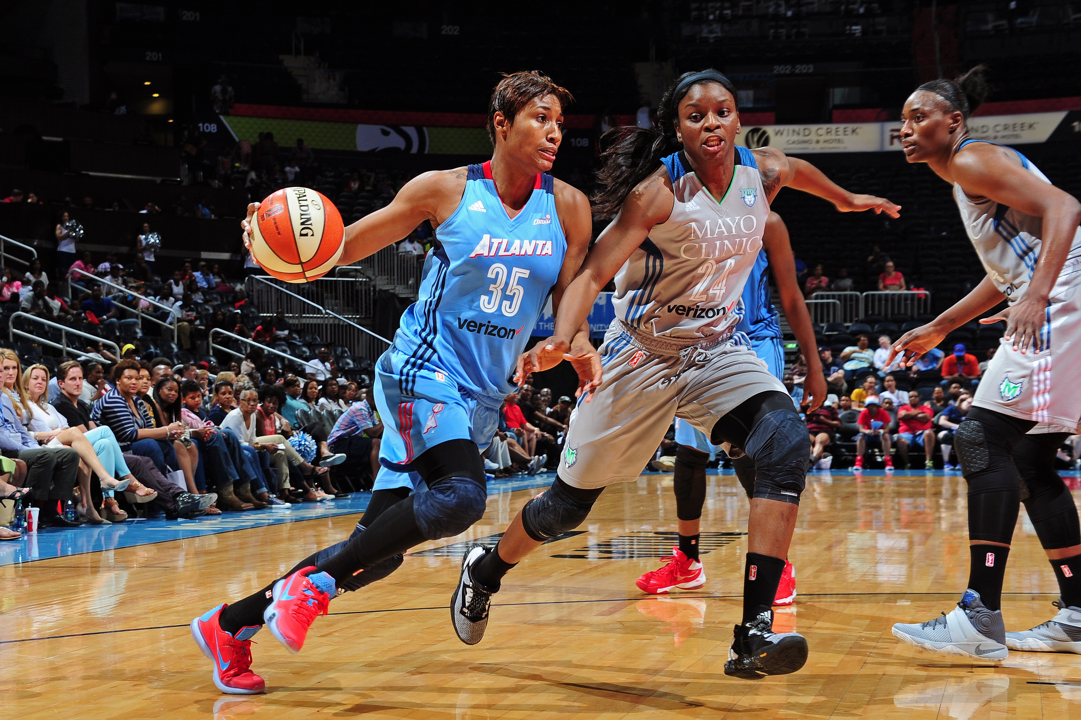 ATLANTA, GA - JUNE 10: Angel McCoughtry #35 of the Atlanta Dream drives to the basket during the game against the Minnesota Lynx during a WNBA game on June 10, 2016 at Philips Arena in Atlanta, Georgia. NOTE TO USER: User expressly acknowledges and agrees that, by downloading and/or using this Photograph, user is consenting to the terms and conditions of the Getty Images License Agreement. Mandatory Copyright Notice: Copyright 2016 NBAE (Photo by Scott Cunningham/NBAE via Getty Images)