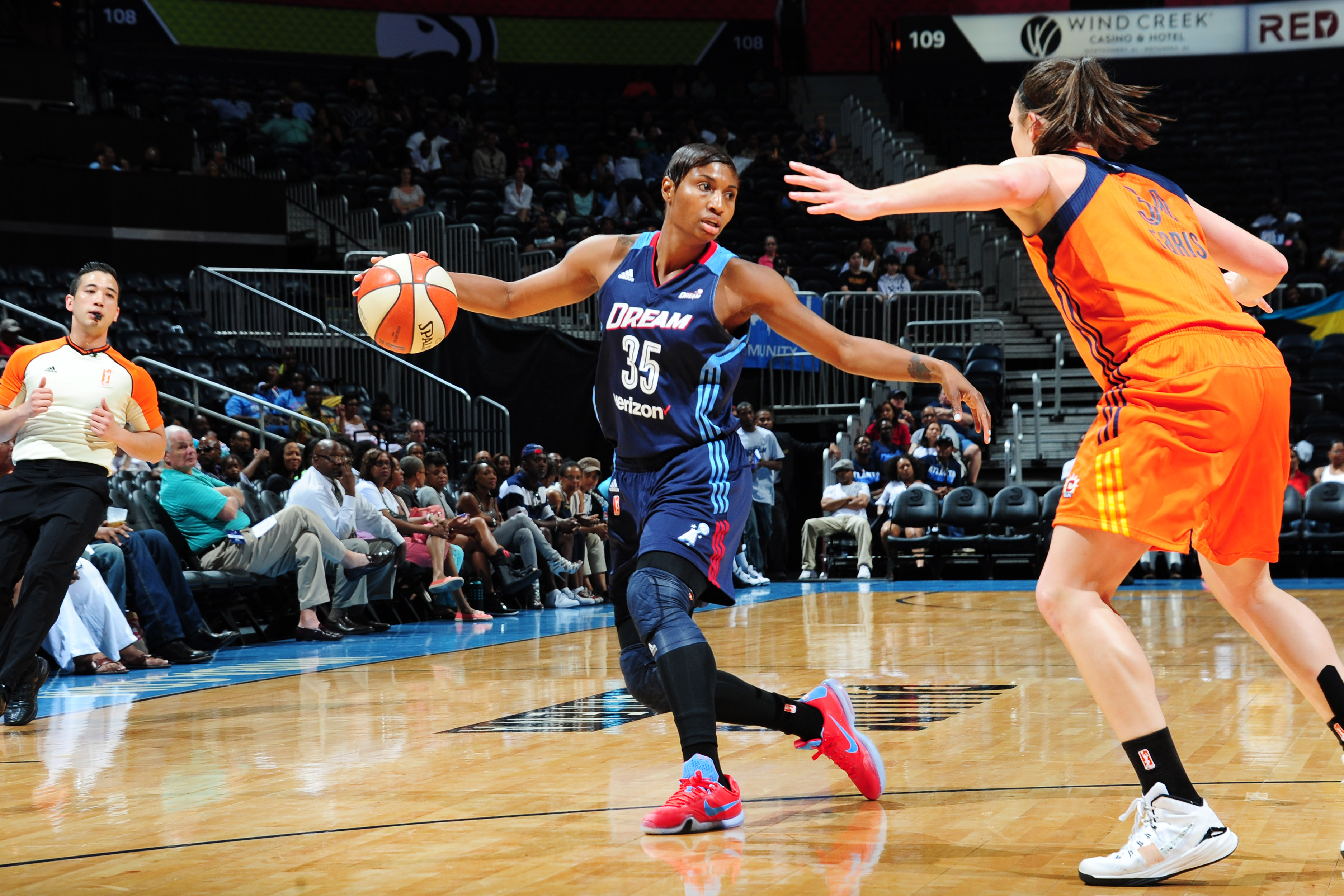ATLANTA, GA - JUNE 12: Angel McCoughtry #35 of the Atlanta Dream defends the ball against the Connecticut Sun during the game on June 12, 2016 at Philips Arena in Atlanta, Georgia. NOTE TO USER: User expressly acknowledges and agrees that, by downloading and or using this Photograph, user is consenting to the terms and conditions of the Getty Images License Agreement. Mandatory Copyright Notice: Copyright 2016 NBAE (Photo by Scott Cunningham/NBAE via Getty Images)