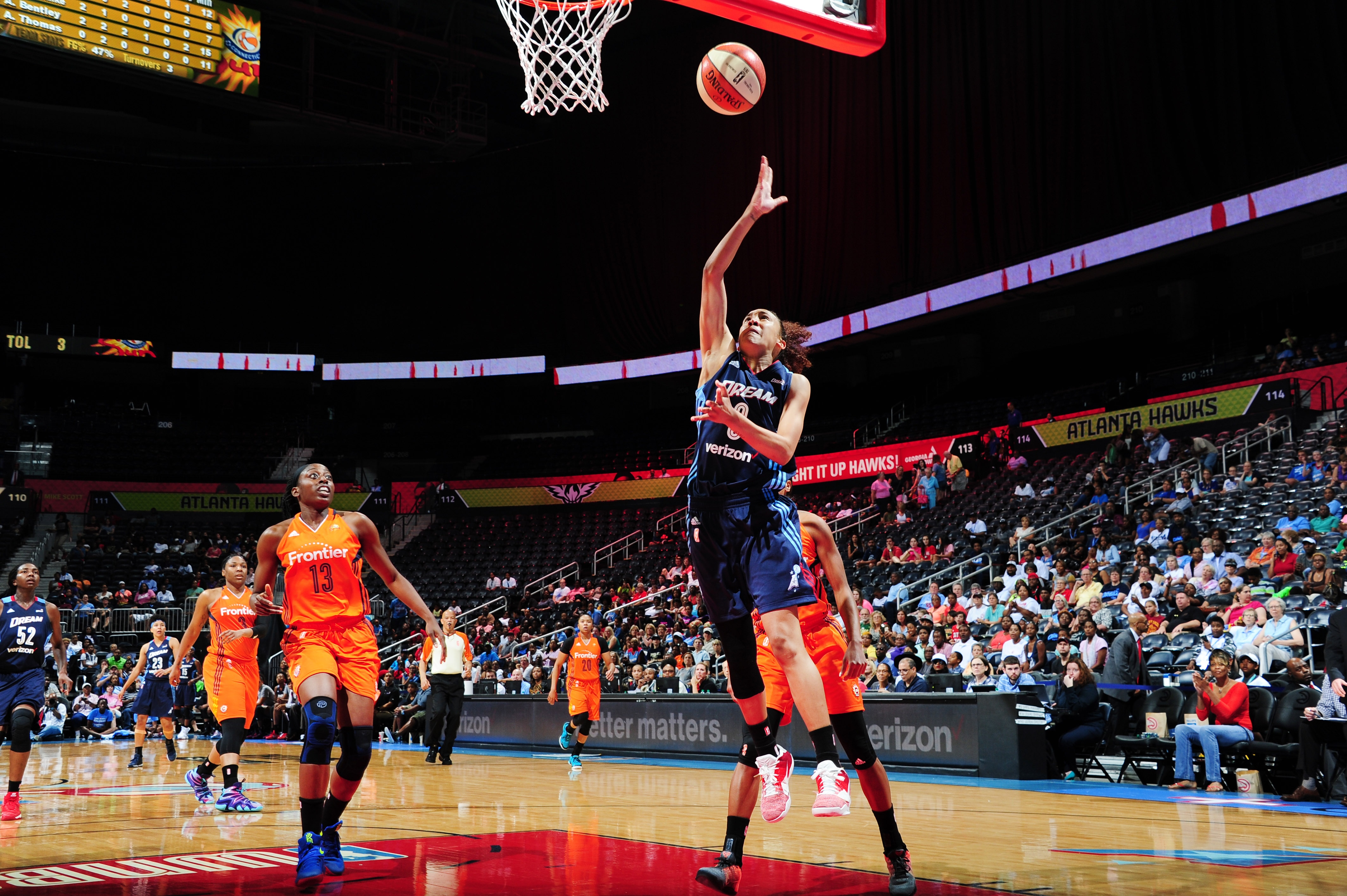 ATLANTA, GA - JUNE 12: Meighan Simmons #0 of the Atlanta Dream shoots against the Connecticut Sun during the game on June 12, 2016 at Philips Arena in Atlanta, Georgia. NOTE TO USER: User expressly acknowledges and agrees that, by downloading and or using this Photograph, user is consenting to the terms and conditions of the Getty Images License Agreement. Mandatory Copyright Notice: Copyright 2016 NBAE (Photo by Scott Cunningham/NBAE via Getty Images)