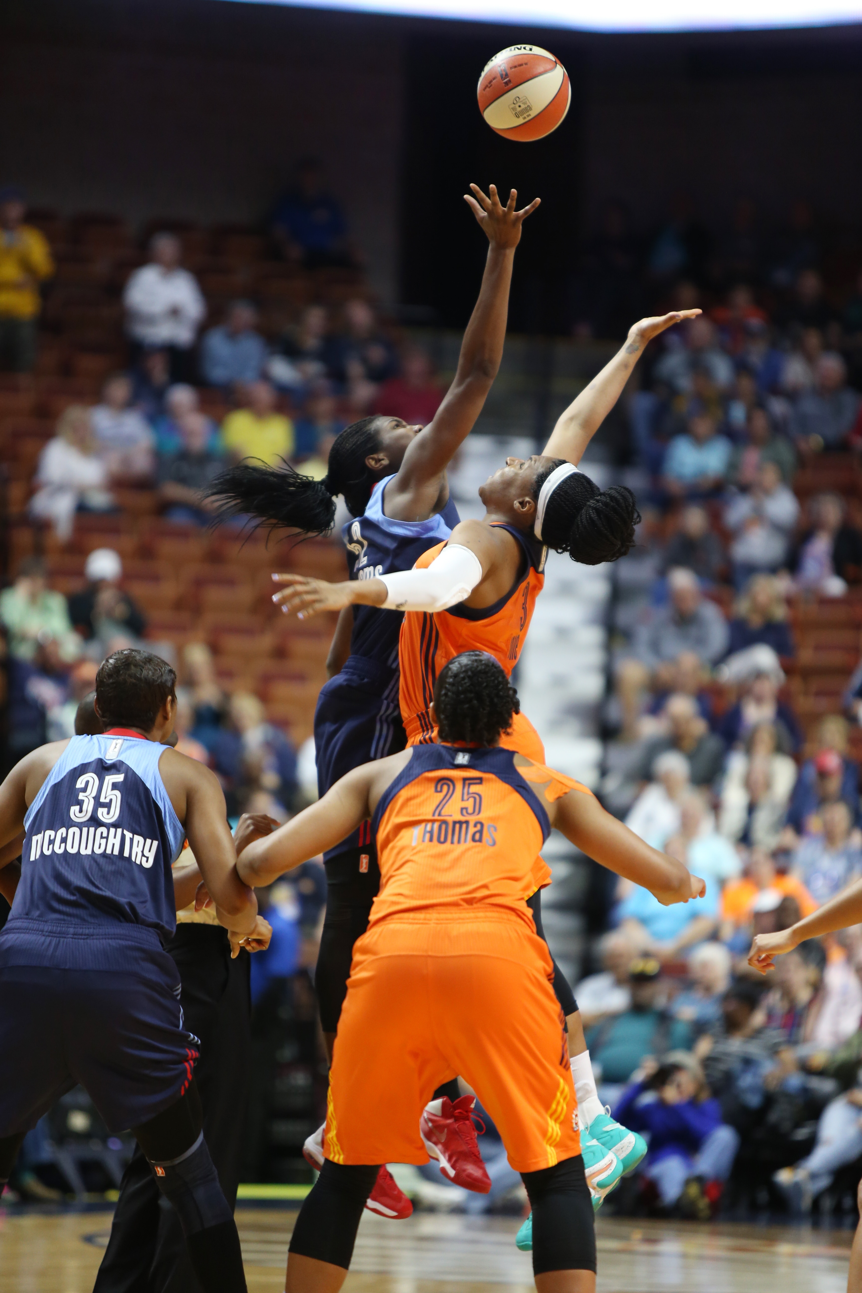 UNCASVILLE, CT - JUNE 3: The opening tip off between the Atlanta Dream and the Connecticut Sun on June 3, 2016 at Mohegan Sun Arena in Uncasville, CT. NOTE TO USER: User expressly acknowledges and agrees that, by downloading and or using this Photograph, user is consenting to the terms and conditions of the Getty Images License Agreement. Mandatory Copyright Notice: Copyright 2016 NBAE (Photo by Chris Marion/NBAE via Getty Images)