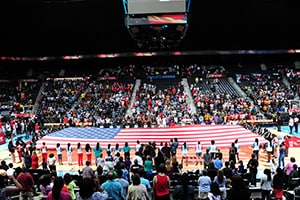 ATLANTA, GA - JULY 7: The national anthem before a WNBA game between the the Atlanta Dream and the Tulsa Shock on July 7, 2015 at Philips Arena in Atlanta, Georgia. NOTE TO USER: User expressly acknowledges and agrees that, by downloading and/or using this Photograph, user is consenting to the terms and conditions of the Getty Images License Agreement. Mandatory Copyright Notice: Copyright 2015 NBAE (Photo by Scott Cunningham/NBAE via Getty Images)