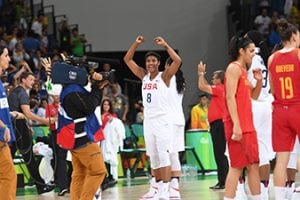 RIO DE JANEIRO, BRAZIL - AUGUST 20:  Angel McCoughtry #8 of USA Basketball Women's National Team celebrates after winning the Gold Medal Game against Spain on Day 15 of the Rio 2016 Olympic Games at Carioca Arena 1 on August 20, 2016 in Rio de Janeiro, Brazil. Mandatory Copyright Notice: Copyright 2016 NBAE (Photo by Jesse D. Garrabrant/NBAE via Getty Images)