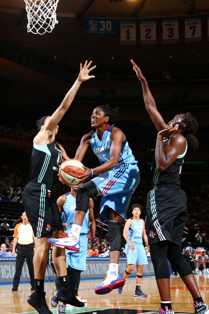 NEW YORK, NY - JULY 13: Tiffany Hayes #15 of the Atlanta Dream goes for a lay up against the New York Liberty on July 13, 2016 at Madison Square Garden in New York, New York. NOTE TO USER: User expressly acknowledges and agrees that, by downloading and or using this photograph, User is consenting to the terms and conditions of the Getty Images License Agreement. Mandatory Copyright Notice: Copyright 2016 NBAE (Photo by Nathaniel S. Butler/NBAE via Getty Images)
