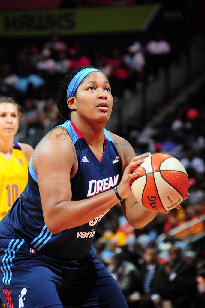 ATLANTA, GA - JULY 17: Markeisha Gatling #34 of the Atlanta Dream shoots a free throw against the Los Angeles Sparks on July 17, 2016 at Philips Arena in Atlanta, Georgia. NOTE TO USER: User expressly acknowledges and agrees that, by downloading and/or using this Photograph, user is consenting to the terms and conditions of the Getty Images License Agreement. Mandatory Copyright Notice: Copyright 2016 NBAE (Photo by Scott Cunningham/NBAE via Getty Images)