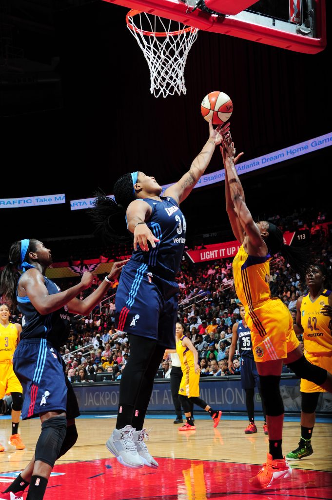 ATLANTA, GA - JULY 17: Markeisha Gatling #34 of the Atlanta Dream shoots the ball against the Los Angeles Sparks on July 17, 2016 at Philips Arena in Atlanta, Georgia. NOTE TO USER: User expressly acknowledges and agrees that, by downloading and/or using this Photograph, user is consenting to the terms and conditions of the Getty Images License Agreement. Mandatory Copyright Notice: Copyright 2016 NBAE (Photo by Scott Cunningham/NBAE via Getty Images)