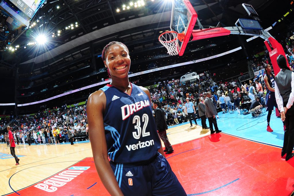 ATLANTA, GA - JULY 17: Bria Holmes #32 of the Atlanta Dream is seen during the game against the Los Angeles Sparks on July 17, 2016 at Philips Arena in Atlanta, Georgia. NOTE TO USER: User expressly acknowledges and agrees that, by downloading and/or using this Photograph, user is consenting to the terms and conditions of the Getty Images License Agreement. Mandatory Copyright Notice: Copyright 2016 NBAE (Photo by Scott Cunningham/NBAE via Getty Images)