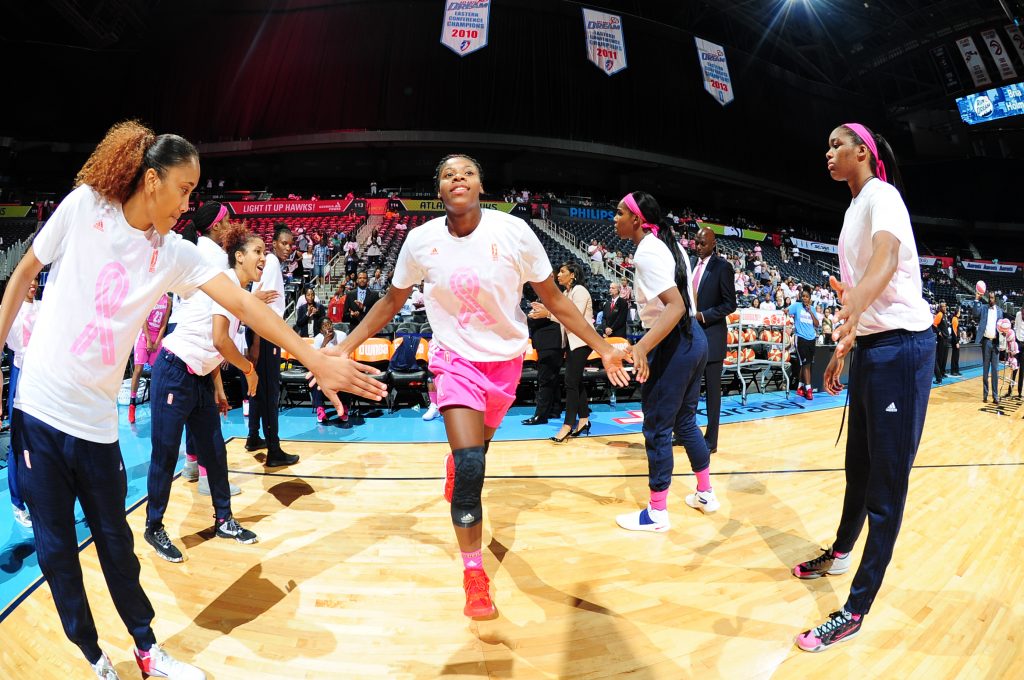 ATLANTA, GA - SEPTEMBER 6: Bria Holmes #32 of the Atlanta Dream is introduced before the game against the Phoenix Mercury on September 6, 2016 at Philips Arena in Atlanta, Georgia. NOTE TO USER: User expressly acknowledges and agrees that, by downloading and/or using this Photograph, user is consenting to the terms and conditions of the Getty Images License Agreement. Mandatory Copyright Notice: Copyright 2016 NBAE (Photo by Scott Cunningham/NBAE via Getty Images)