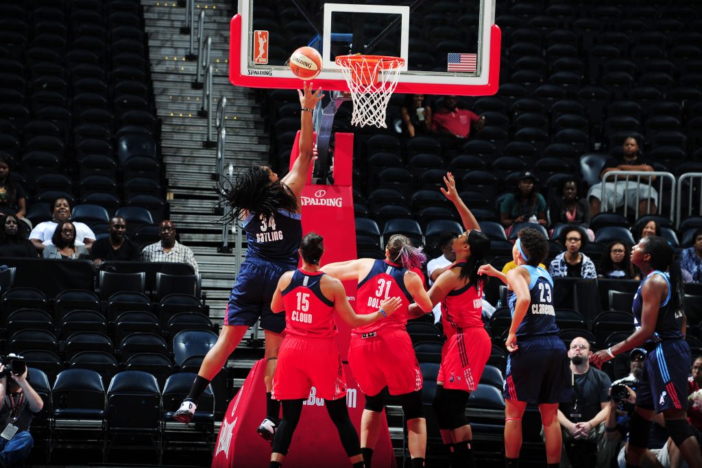 ATLANTA, GA - SEPTEMBER 15: Markeisha Gatling #34 of the Atlanta Dream shoots the ball against the Washington Mystics on September 15, 2016 at Philips Arena in Atlanta, Georgia. NOTE TO USER: User expressly acknowledges and agrees that, by downloading and/or using this Photograph, user is consenting to the terms and conditions of the Getty Images License Agreement. Mandatory Copyright Notice: Copyright 2016 NBAE (Photo by Scott Cunningham/NBAE via Getty Images)