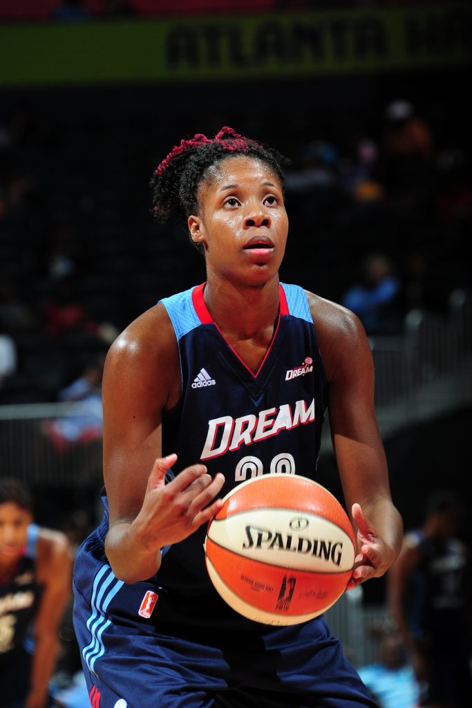 ATLANTA, GA - SEPTEMBER 15: Bria Holmes #32 of the Atlanta Dream prepares to shoot a free throw against the Washington Mystics on September 15, 2016 at Philips Arena in Atlanta, Georgia. NOTE TO USER: User expressly acknowledges and agrees that, by downloading and/or using this Photograph, user is consenting to the terms and conditions of the Getty Images License Agreement. Mandatory Copyright Notice: Copyright 2016 NBAE (Photo by Scott Cunningham/NBAE via Getty Images)