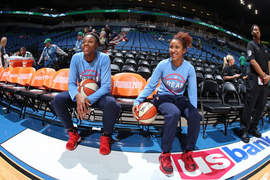 MINNEAPOLIS, MN - SEPTEMBER 17: Bria Holmes #32 of the Atlanta Dream and Carla Cortijo #8 of the Atlanta Dream are seen during practice before the game against the Minnesota Lynx on September 17, 2016 at Target Center in Minneapolis, Minnesota. NOTE TO USER: User expressly acknowledges and agrees that, by downloading and or using this Photograph, user is consenting to the terms and conditions of the Getty Images License Agreement. Mandatory Copyright Notice: Copyright 2016 NBAE (Photo by David Sherman/NBAE via Getty Images)