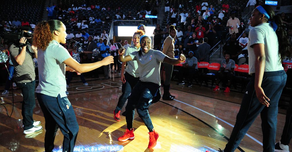 ATLANTA, GA - SEPTEMBER 21: Matee Ajavon #10 of the Atlanta Dream is introduced before the game against the Seattle Storm during Round One of the 2016 WNBA Playoffs on September 21, 2016 at the Hank McCamish Pavilion in Atlanta, Georgia. NOTE TO USER: User expressly acknowledges and agrees that, by downloading and/or using this Photograph, user is consenting to the terms and conditions of the Getty Images License Agreement. Mandatory Copyright Notice: Copyright 2016 NBAE (Photo by Scott Cunningham/NBAE via Getty Images)