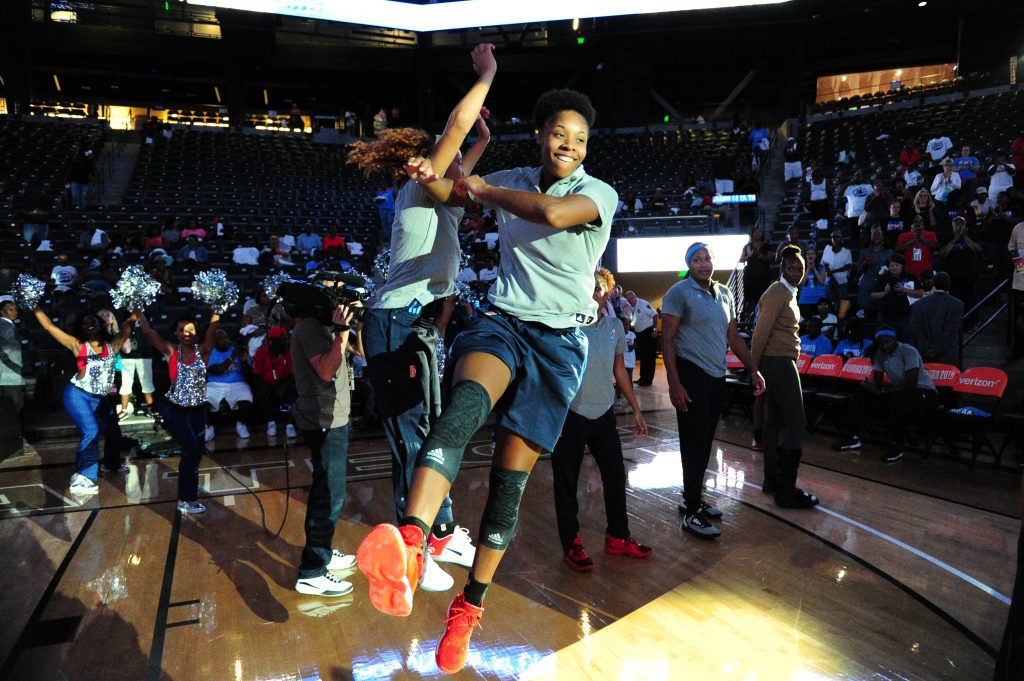 ATLANTA, GA - SEPTEMBER 21: Bria Holmes #32 of the Atlanta Dream is introduced before the game against the Seattle Storm during Round One of the 2016 WNBA Playoffs on September 21, 2016 at the Hank McCamish Pavilion in Atlanta, Georgia. NOTE TO USER: User expressly acknowledges and agrees that, by downloading and/or using this Photograph, user is consenting to the terms and conditions of the Getty Images License Agreement. Mandatory Copyright Notice: Copyright 2016 NBAE (Photo by Scott Cunningham/NBAE via Getty Images)