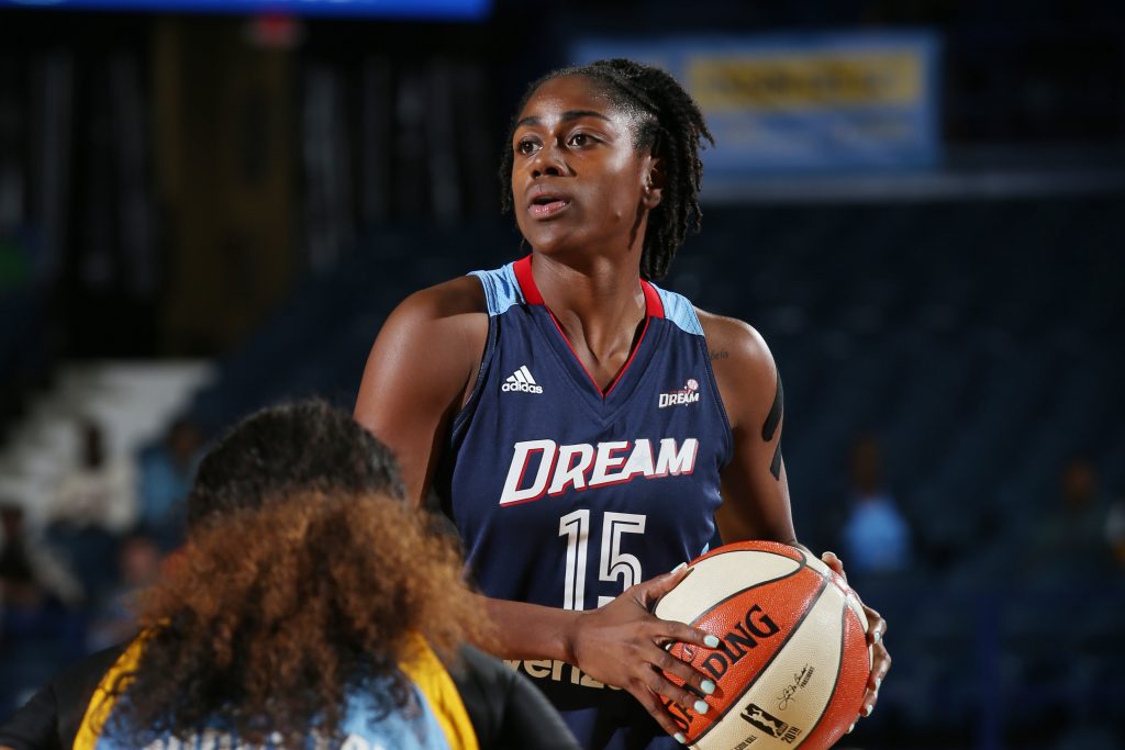 ROSEMONT, IL - SEPTEMBER 25: Tiffany Hayes #15 of the Atlanta Dream handles the ball against the Chicago Sky during Round Two of the 2016 WNBA Playoffs on September 25, 2016 at Allstate Arena in Rosemont, IL. NOTE TO USER: User expressly acknowledges and agrees that, by downloading and or using this photograph, User is consenting to the terms and conditions of the Getty Images License Agreement. Mandatory Copyright Notice: Copyright 2016 NBAE (Photo by Gary Dineen/NBAE via Getty Images)