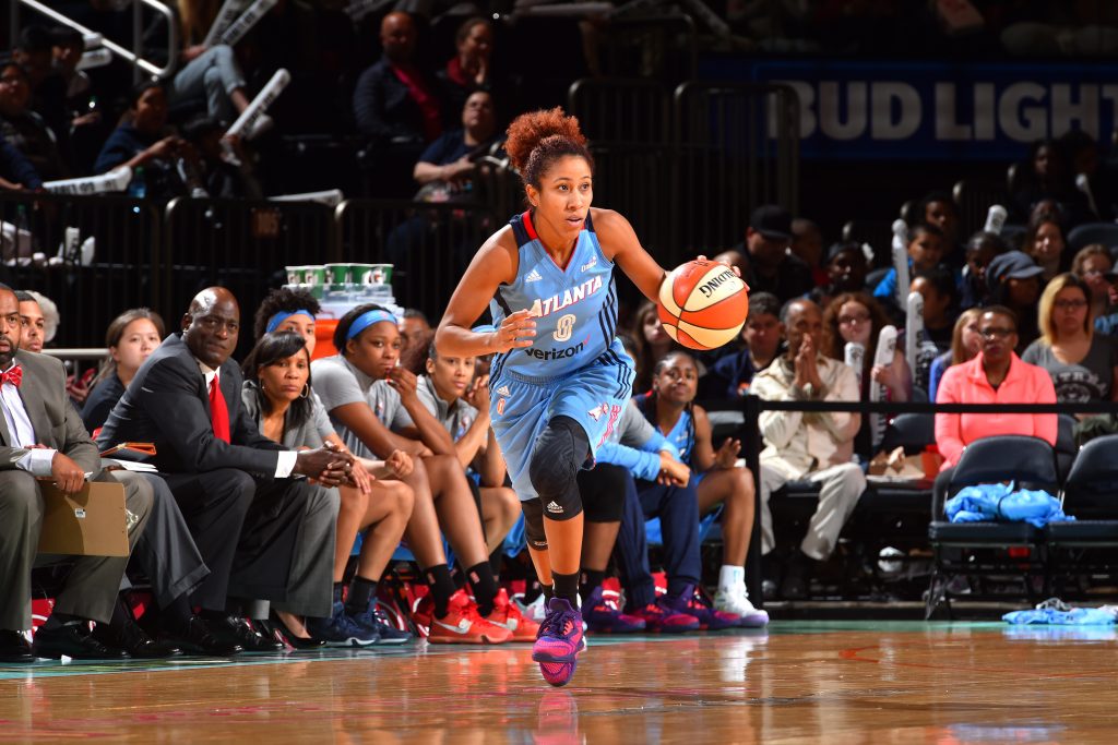 NEW YORK, NY - MAY 24: Carla Cortijo #8 of the Atlanta Dream handles the ball during the game against the New York Liberty on May 24, 2016 at Madison Square Garden in New York City, New York. NOTE TO USER: User expressly acknowledges and agrees that, by downloading and or using this photograph, User is consenting to the terms and conditions of the Getty Images License Agreement. Mandatory Copyright Notice: Copyright 2016 NBAE (Photo by Jesse D. Garrabrant/NBAE via Getty Images)