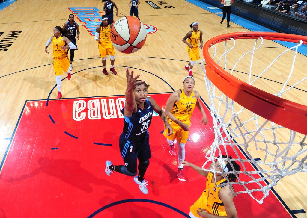 ATLANTA, GA - MAY 29: Angel McCoughtry #35 of the Atlanta Dream shoots the ball against the Indiana Fever on May 29, 2016 at Philips Arena in Atlanta, Georgia. NOTE TO USER: User expressly acknowledges and agrees that, by downloading and/or using this Photograph, user is consenting to the terms and conditions of the Getty Images License Agreement. Mandatory Copyright Notice: Copyright 2016 NBAE (Photo by Scott Cunningham/NBAE via Getty Images)