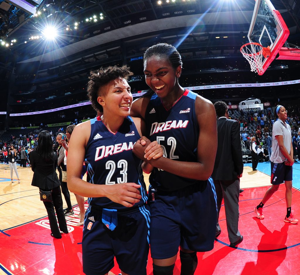 ATLANTA, GA - MAY 29: Layshia Clarendon #23 of the Atlanta Dream and Elizabeth Williams #52 of the Atlanta Dream celebrate after the game against the Indiana Fever on May 29, 2016 at Philips Arena in Atlanta, Georgia. NOTE TO USER: User expressly acknowledges and agrees that, by downloading and/or using this Photograph, user is consenting to the terms and conditions of the Getty Images License Agreement. Mandatory Copyright Notice: Copyright 2016 NBAE (Photo by Scott Cunningham/NBAE via Getty Images)