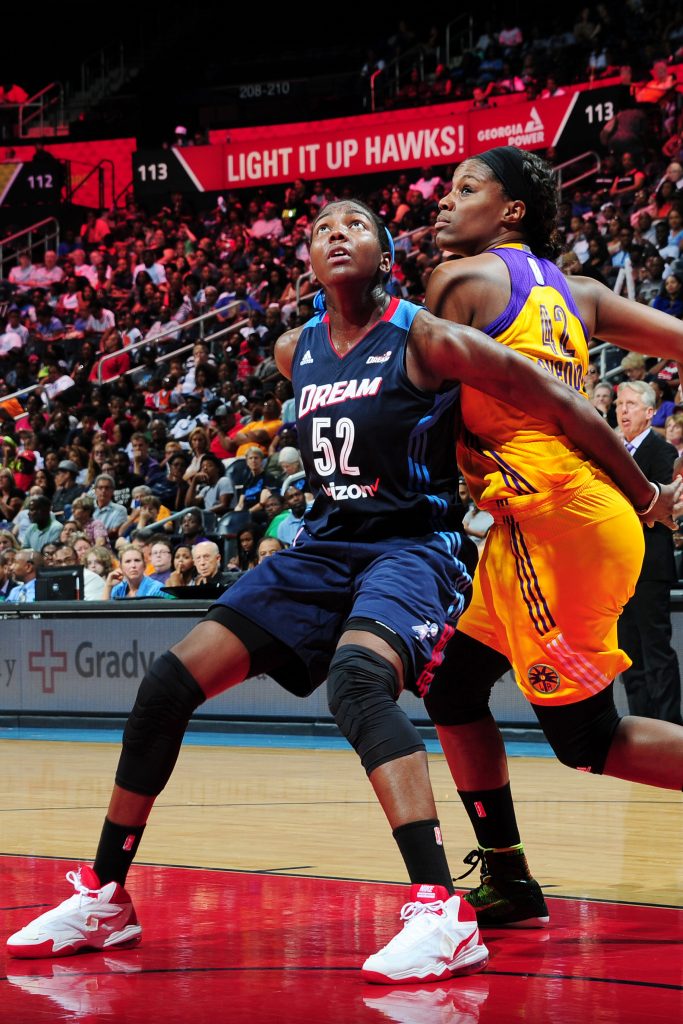 ATLANTA, GA - JULY 17: Elizabeth Williams #52 of the Atlanta Dream fights for position against Jantel Lavender #42 of the Los Angeles Sparks on July 17, 2016 at Philips Arena in Atlanta, Georgia. NOTE TO USER: User expressly acknowledges and agrees that, by downloading and/or using this Photograph, user is consenting to the terms and conditions of the Getty Images License Agreement. Mandatory Copyright Notice: Copyright 2016 NBAE (Photo by Scott Cunningham/NBAE via Getty Images)