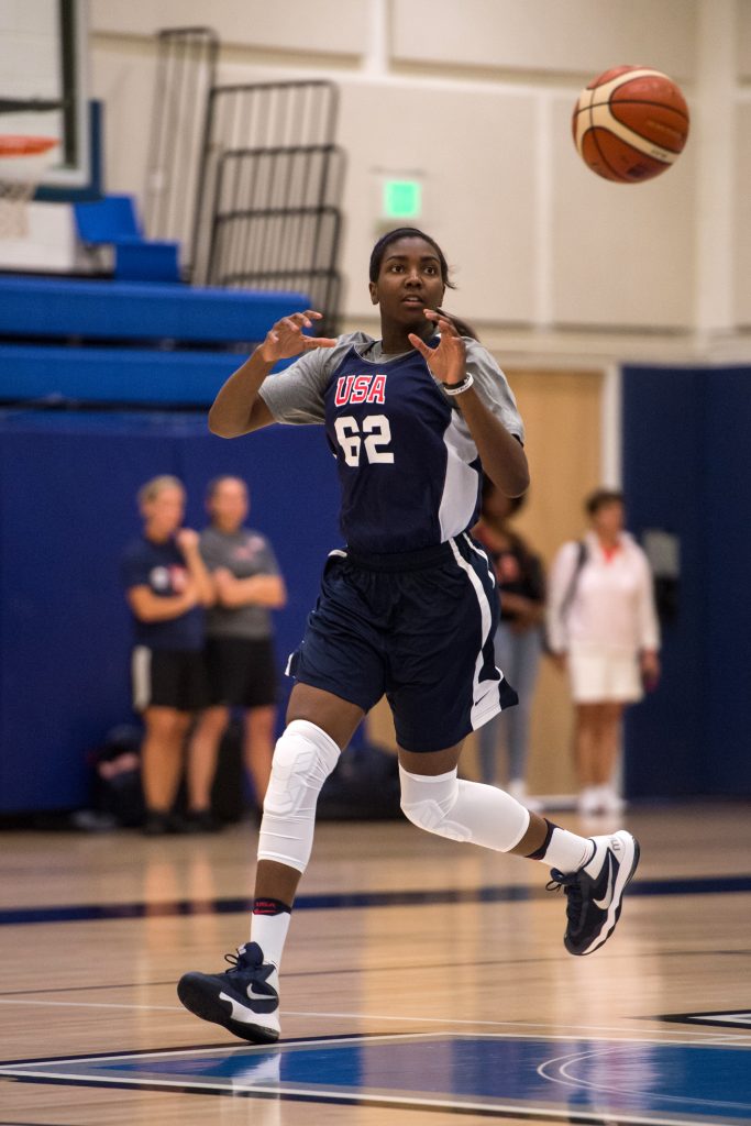 LOS ANGELES, CA - JULY 23: Elizabeth Williams of the USA Womens Select Team drives to the basket during practice at Windward High School in Los Angeles, California on July 23, 2016. NOTE TO USER: User expressly acknowledges and agrees that, by downloading and/or using this Photograph, user is consenting to the terms and conditions of the Getty Images License Agreement. Mandatory Copyright Notice: Copyright 2016 NBAE (Photo by Blaine Ohigashi/NBAE/Getty Images)