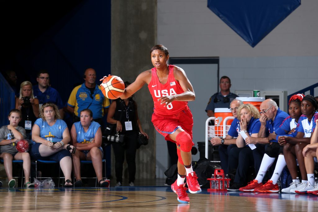 NEWARK, DE - JULY 27: Angel McCoughtry #8 of USA Basketball Women's National Team brings the ball up court during the game against France during the USA Basketball Showcase on July 27, 2016 at Bob Carpenter Center in Newark, Delaware. NOTE TO USER: User expressly acknowledges and agrees that, by downloading and/or using this Photograph, user is consenting to the terms and conditions of the Getty Images License Agreement. Mandatory Copyright Notice: Copyright 2016 NBAE (Photo by Nathaniel S. Butler/NBAE via Getty Images)