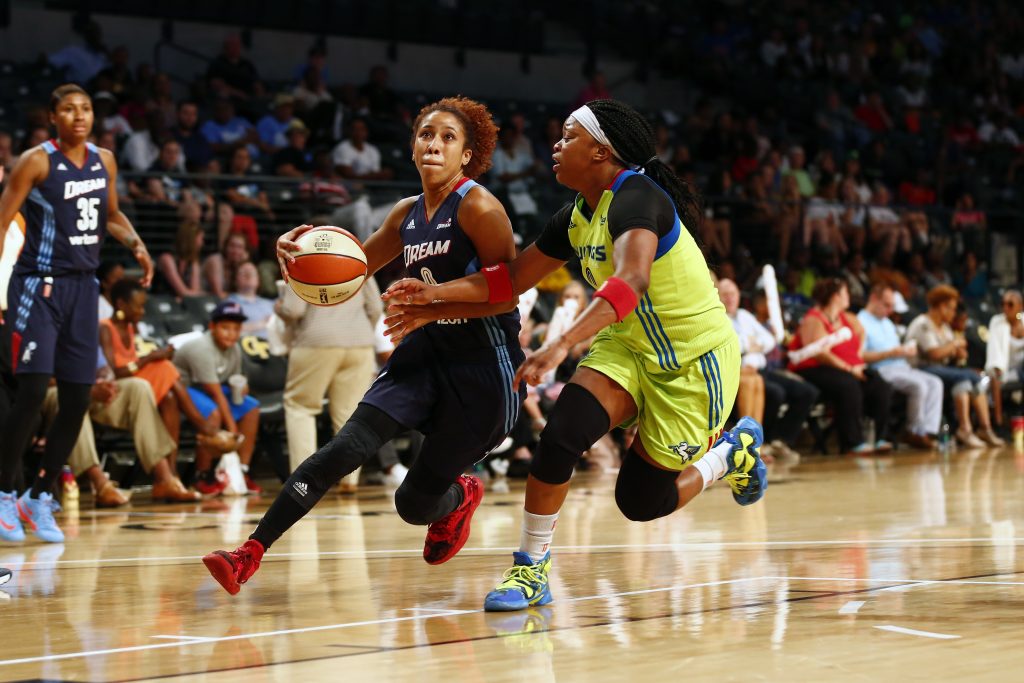 ATLANTA, GA - JULY 22: Carla Cortijo #8 of the Atlanta Dream drives to the basket against the Dallas Wings on July 22, 2016 at McCamish Pavilion in Atlanta, Georgia. NOTE TO USER: User expressly acknowledges and agrees that, by downloading and or using this Photograph, user is consenting to the terms and conditions of the Getty Images License Agreement. Mandatory Copyright Notice: Copyright 2016 NBAE (Photo by Kevin Liles/NBAE via Getty Images)