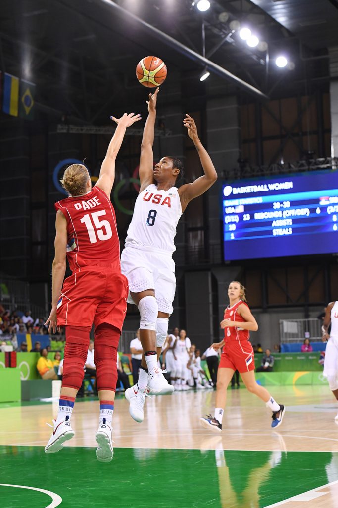 RIO DE JANEIRO, BRAZIL - AUGUST 10: Angel McCoughtry #8 of the USA Basketball Women's National Team shoots the ball against Danielle Page #15 of Serbia on Day 5 of the Rio 2016 Olympic Games at Deodoro Youth Arena on August 10, 2016 in Rio de Janeiro, Brazil. NOTE TO USER: User expressly acknowledges and agrees that, by downloading and/or using this Photograph, user is consenting to the terms and conditions of the Getty Images License Agreement. Mandatory Copyright Notice: Copyright 2016 NBAE (Photo by Garrett Ellwood/NBAE via Getty Images)