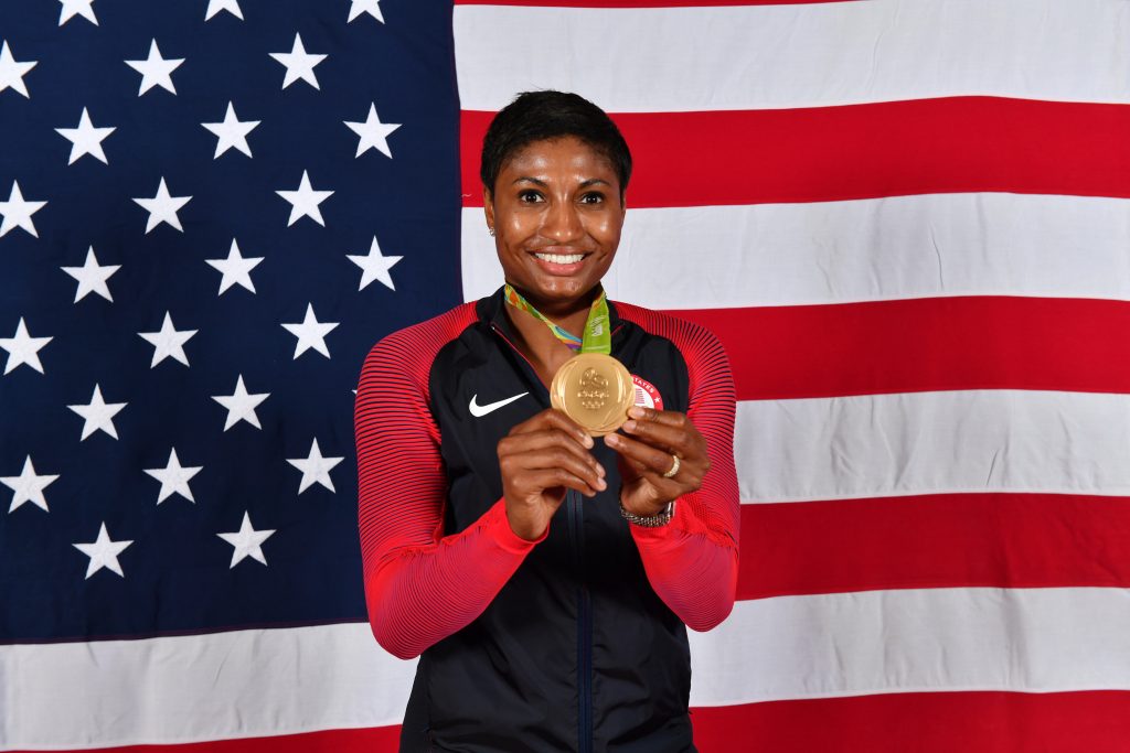 RIO DE JANEIRO - AUGUST 20: Angel McCoughtry #8 of the USA Basketball Women's National Team poses after winning the Gold Medal at the Rio 2016 Olympic games on August 20, 2016. NOTE TO USER: User expressly acknowledges and agrees that, by downloading and/or using this Photograph, user is consenting to the terms and conditions of the Getty Images License Agreement. Mandatory Copyright Notice: Copyright 2016 NBAE (Photo by Jesse D. Garrabrant/NBAE via Getty Images)