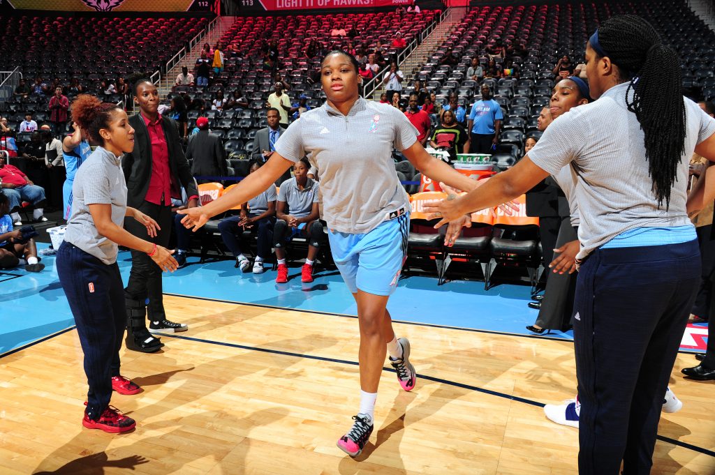 ATLANTA, GA - SEPTEMBER 13: Rachel Hollivay #14 of the Atlanta Dream is introduced before the game against the San Antonio Stars on September 13, 2016 at Philips Arena in Atlanta, Georgia. NOTE TO USER: User expressly acknowledges and agrees that, by downloading and/or using this Photograph, user is consenting to the terms and conditions of the Getty Images License Agreement. Mandatory Copyright Notice: Copyright 2016 NBAE (Photo by Scott Cunningham/NBAE via Getty Images)