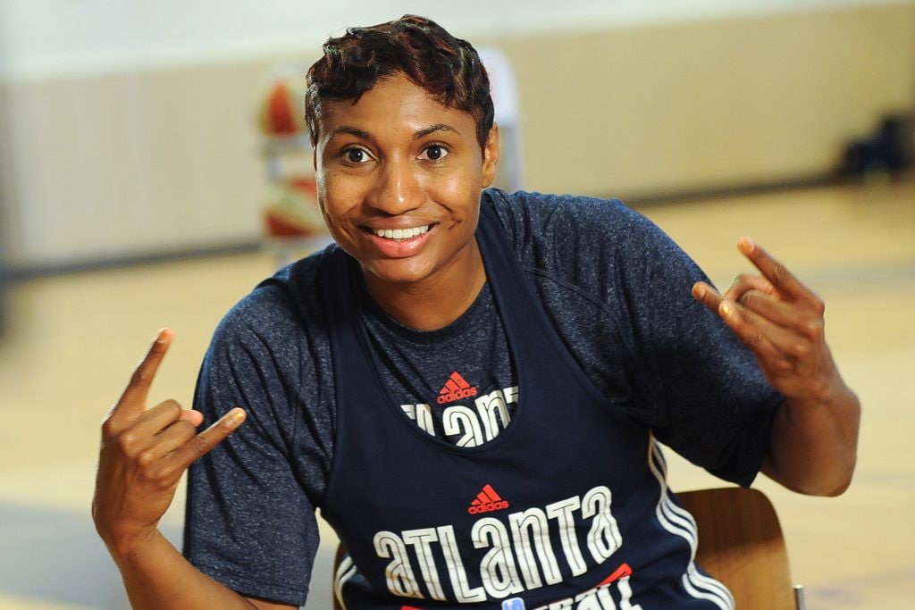 AUSTELL, GA - SEPTEMBER 14: Angel McCoughtry #35 of the Atlanta Dream smiles for an interview after an open practice on September 14, 2016 in Austell, Georgia at the Riverside Epi Center. NOTE TO USER: User expressly acknowledges and agrees that, by downloading and or using this photograph, User is consenting to the terms and conditions of the Getty Images License Agreement. Mandatory Copyright Notice: Copyright 2016 NBAE (Photo by Becky Stein/NBAE via Getty Images)