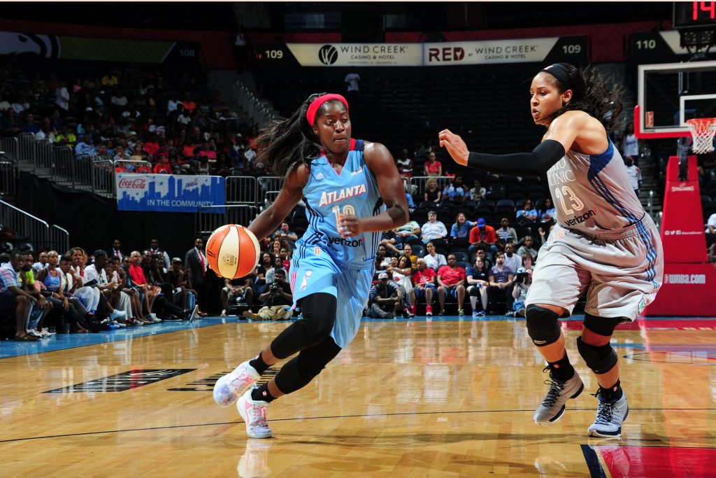 ATLANTA, GA - JUNE 10: Matee Ajavon #10 of the Atlanta Dream drives to the basket against Maya Moore #23 of the Minnesota Lynx on June 10, 2016 at Philips Arena in Atlanta, Georgia. NOTE TO USER: User expressly acknowledges and agrees that, by downloading and/or using this Photograph, user is consenting to the terms and conditions of the Getty Images License Agreement. Mandatory Copyright Notice: Copyright 2016 NBAE (Photo by Scott Cunningham/NBAE via Getty Images)