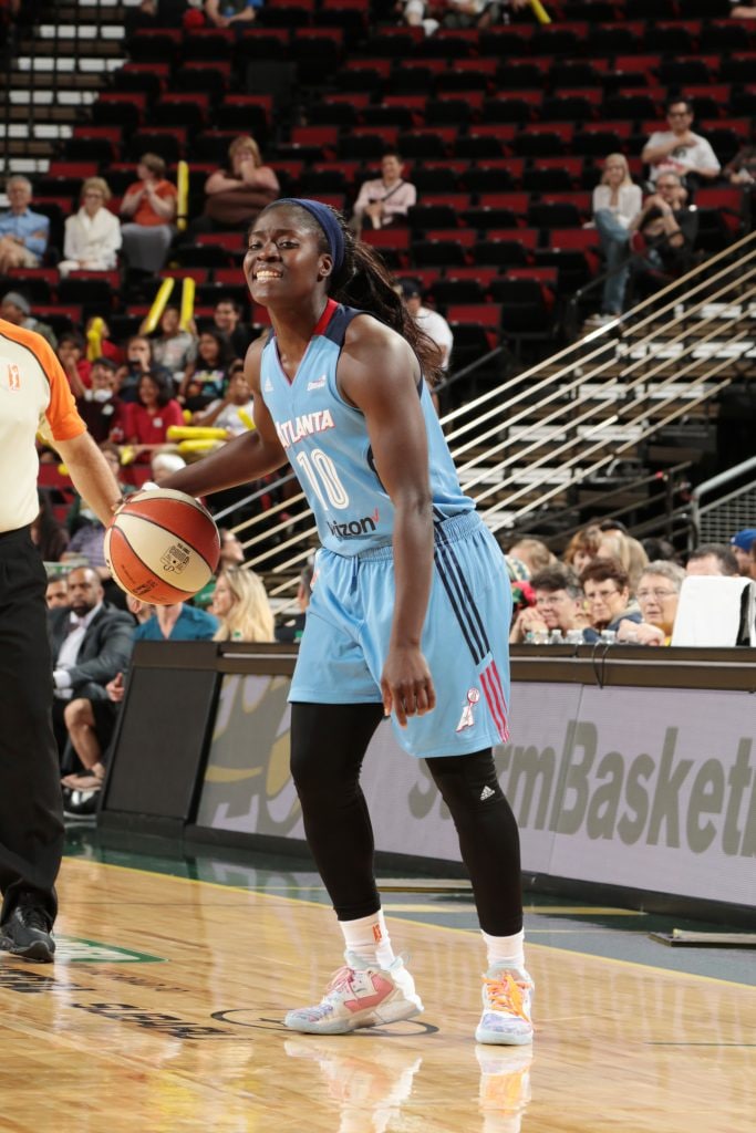 SEATTLE, WA - JUNE 28: Matee Ajavon #10 of the Atlanta Dream handles the ball against the Seattle Storm on June 28, 2016 at Key Arena in Seattle, Washington. NOTE TO USER: User expressly acknowledges and agrees that, by downloading and/or using this Photograph, user is consenting to the terms and conditions of Getty Images License Agreement. Mandatory Copyright Notice: Copyright 2016 NBAE (Photo by Joshua Huston/NBAE via Getty Images)