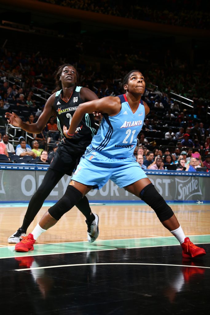 NEW YORK, NY - JULY 13: Reshanda Gray #21 of the Atlanta Dream fights for position against Adut Bulgak #2 of the New York Liberty on July 13, 2016 at Madison Square Garden in New York, New York. NOTE TO USER: User expressly acknowledges and agrees that, by downloading and or using this photograph, User is consenting to the terms and conditions of the Getty Images License Agreement. Mandatory Copyright Notice: Copyright 2016 NBAE (Photo by Nathaniel S. Butler/NBAE via Getty Images)