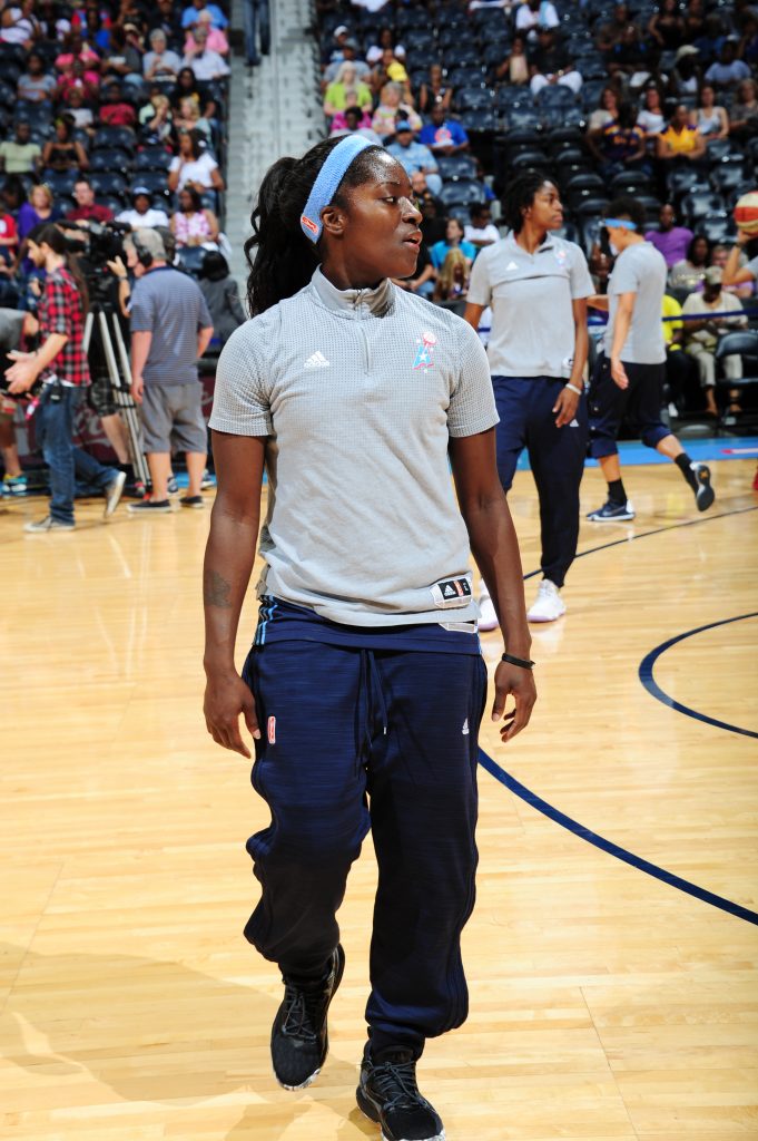 ATLANTA, GA - JULY 17: Matee Ajavon #10 of the Atlanta Dream is seen before the game against the Los Angeles Sparks on July 17, 2016 at Philips Arena in Atlanta, Georgia. NOTE TO USER: User expressly acknowledges and agrees that, by downloading and/or using this Photograph, user is consenting to the terms and conditions of the Getty Images License Agreement. Mandatory Copyright Notice: Copyright 2016 NBAE (Photo by Scott Cunningham/NBAE via Getty Images)