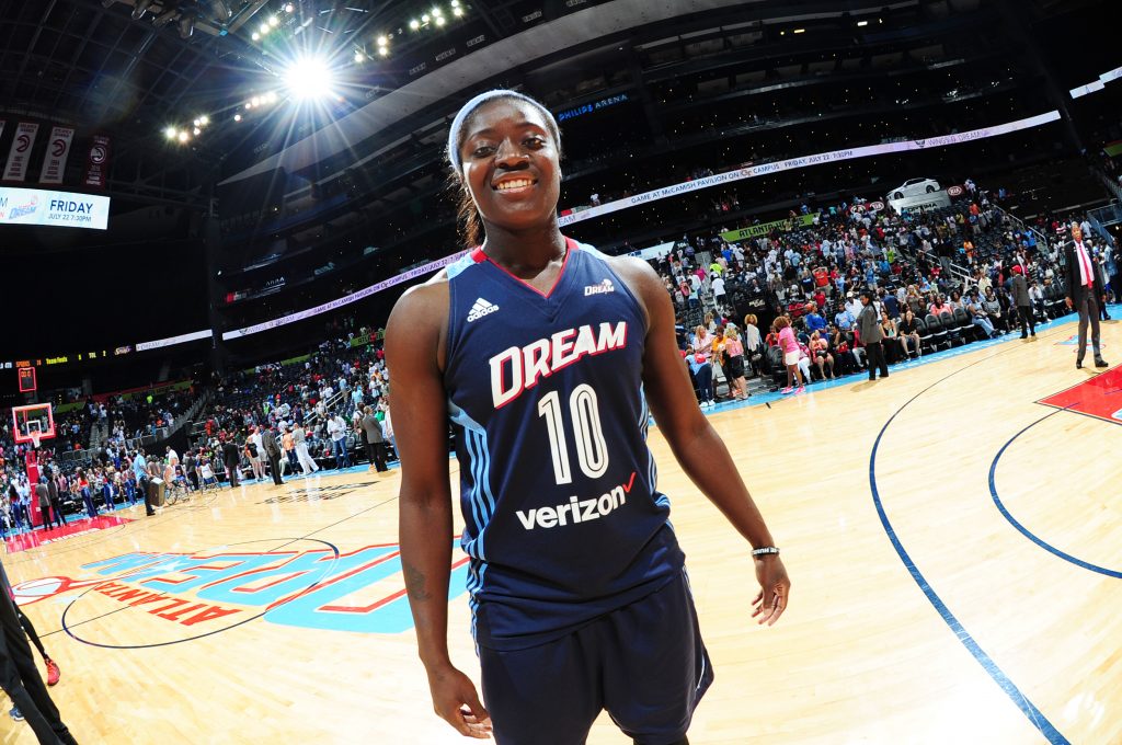 ATLANTA, GA - JULY 17: Matee Ajavon #10 of the Atlanta Dream is seen during the game against the Los Angeles Sparks on July 17, 2016 at Philips Arena in Atlanta, Georgia. NOTE TO USER: User expressly acknowledges and agrees that, by downloading and/or using this Photograph, user is consenting to the terms and conditions of the Getty Images License Agreement. Mandatory Copyright Notice: Copyright 2016 NBAE (Photo by Scott Cunningham/NBAE via Getty Images)