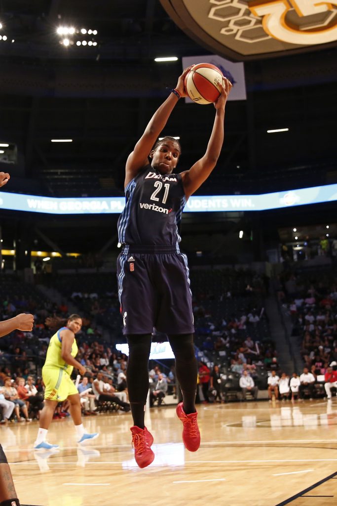 ATLANTA, GA - JULY 22: Reshanda Gray #21 of the Atlanta Dream grabs the rebound against the Dallas Wings on July 22, 2016 at McCamish Pavilion in Atlanta, Georgia. NOTE TO USER: User expressly acknowledges and agrees that, by downloading and or using this Photograph, user is consenting to the terms and conditions of the Getty Images License Agreement. Mandatory Copyright Notice: Copyright 2016 NBAE (Photo by Kevin Liles/NBAE via Getty Images)