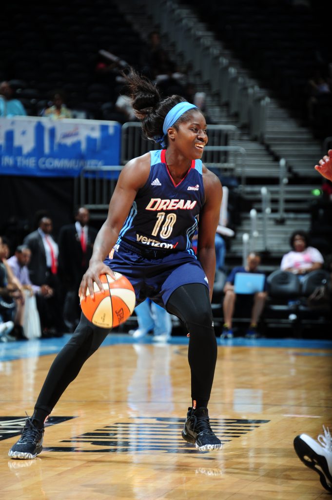 ATLANTA, GA - SEPTEMBER 15: Matee Ajavon #10 of the Atlanta Dream handles the ball against the Washington Mystics on September 15, 2016 at Philips Arena in Atlanta, Georgia. NOTE TO USER: User expressly acknowledges and agrees that, by downloading and/or using this Photograph, user is consenting to the terms and conditions of the Getty Images License Agreement. Mandatory Copyright Notice: Copyright 2016 NBAE (Photo by Scott Cunningham/NBAE via Getty Images)