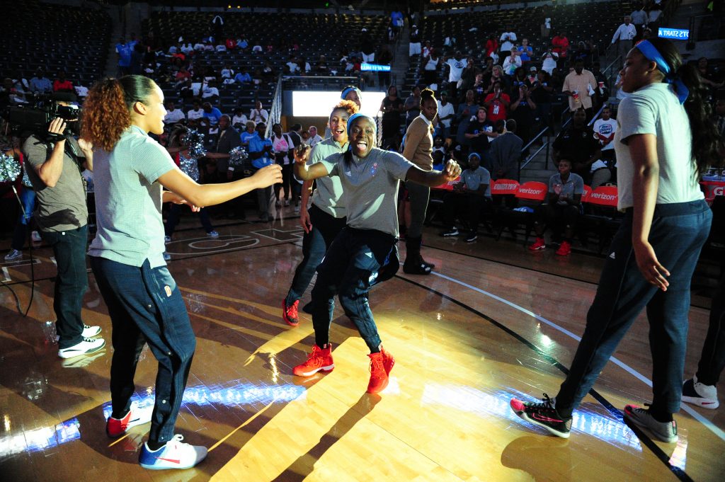 ATLANTA, GA - SEPTEMBER 21: Matee Ajavon #10 of the Atlanta Dream is introduced before the game against the Seattle Storm during Round One of the 2016 WNBA Playoffs on September 21, 2016 at the Hank McCamish Pavilion in Atlanta, Georgia. NOTE TO USER: User expressly acknowledges and agrees that, by downloading and/or using this Photograph, user is consenting to the terms and conditions of the Getty Images License Agreement. Mandatory Copyright Notice: Copyright 2016 NBAE (Photo by Scott Cunningham/NBAE via Getty Images)