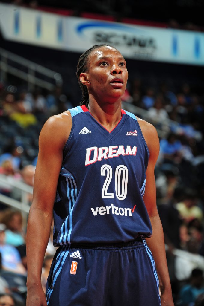 ATLANTA, GA - MAY 21: Sancho Lyttle #20 of the Atlanta Dream looks on during the WNBA game against the Chicago Sky on May 22, 2016 at Philips Arena in Atlanta, Georgia. NOTE TO USER: User expressly acknowledges and agrees that, by downloading and/or using this Photograph, user is consenting to the terms and conditions of the Getty Images License Agreement. Mandatory Copyright Notice: Copyright 2016 NBAE (Photo by Scott Cunningham/NBAE via Getty Images)