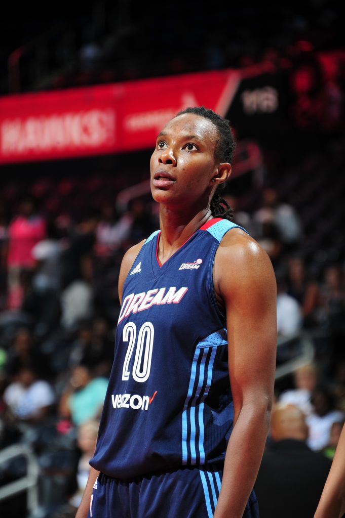 ATLANTA, GA - JULY 8: Sancho Lyttle #20 of the Atlanta Dream reacts to a play against the Dallas Wings on July 8, 2016 at Philips Arena in Atlanta, Georgia. NOTE TO USER: User expressly acknowledges and agrees that, by downloading and/or using this Photograph, user is consenting to the terms and conditions of the Getty Images License Agreement. Mandatory Copyright Notice: Copyright 2016 NBAE (Photo by Scott Cunningham/NBAE via Getty Images)
