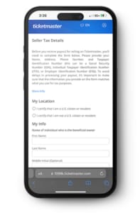 Mobile screen showing the Ticketmaster Seller Tax Details form to complete before listing Atlanta Dream tickets for sale.