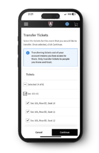 Mobile screen showing a list of seats available to select for ticket transfer in the Ticketmaster app.