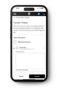 Mobile screen showing the Transfer Tickets recipient selection screen with an option to add a new recipient in the Ticketmaster app.